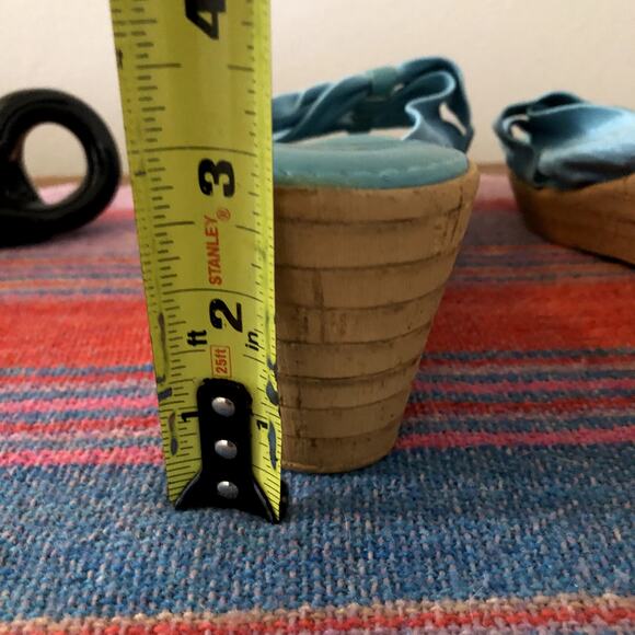 Vintage Italian Shoemakers Wedge Sandals Size 8 Blue Fabric Cork 90s Y2K - Picture 10 of 11